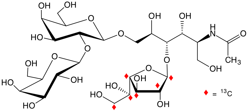 structure of Galp-b2-Galp-b6-(U-13C6-Galf-b4)-GlcNAcitol