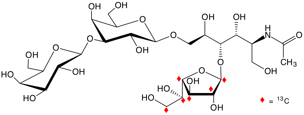 structure of Galp-b3-Galp-b6-(U-13C6-Galf-b4)-GlcNAcitol