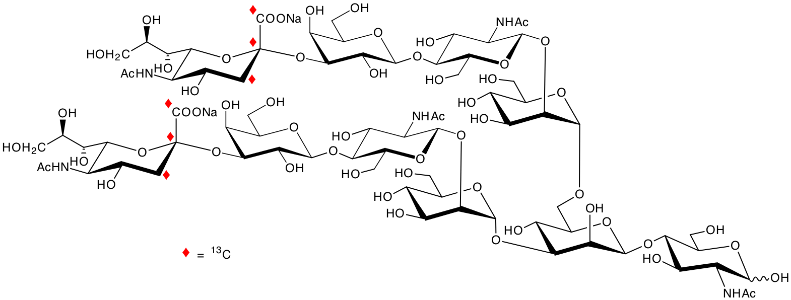 structure of [1,2,3-13C3]NeuNAcalpha2,3Galbeta1,4GlcNAcbeta1,2Manalpha1,3([1,2,3-13C3]NeuNAcalpha2,3Galbeta1,4GlcNAc6beta1,2Manalpha1,6)Manbeta1,4GlcNAc disodium salt