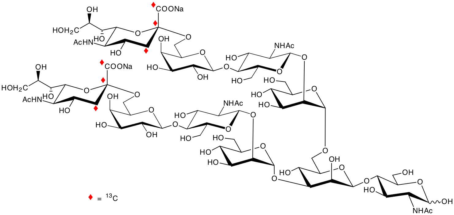 structure of [1,2,3-13C3]NeuNAcalpha2,6Galbeta1,4GlcNAcbeta1,2Manalpha1,3([1,2,3-13C3]NeuNAcalpha2,6Galbeta1,4GlcNAcbeta1,2Manalpha1,6)Manbeta1,4GlcNAc disodium salt