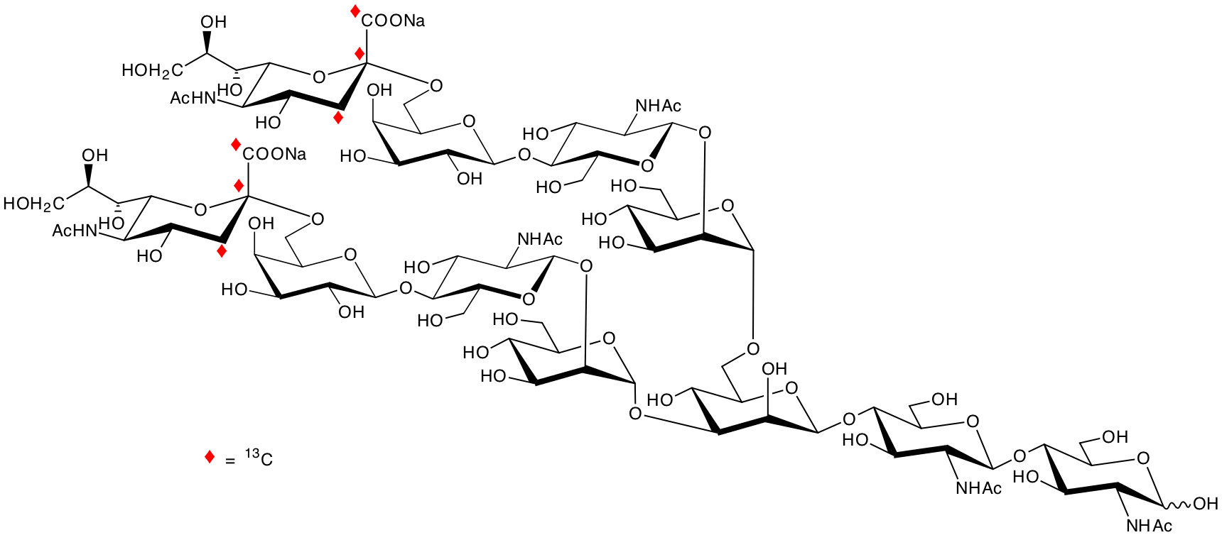 structure of [1,2,3-13C3]NeuNAcalpha2,6Galbeta1,4GlcNAcbeta1,2Manalpha1,3([1,2,3-13C3]NeuNAcalpha2,6Galbeta1,4GlcNAcbeta1,2Manalpha1,6)Manbeta1,4GlcNAcbeta1,4GlcNAc disodium salt