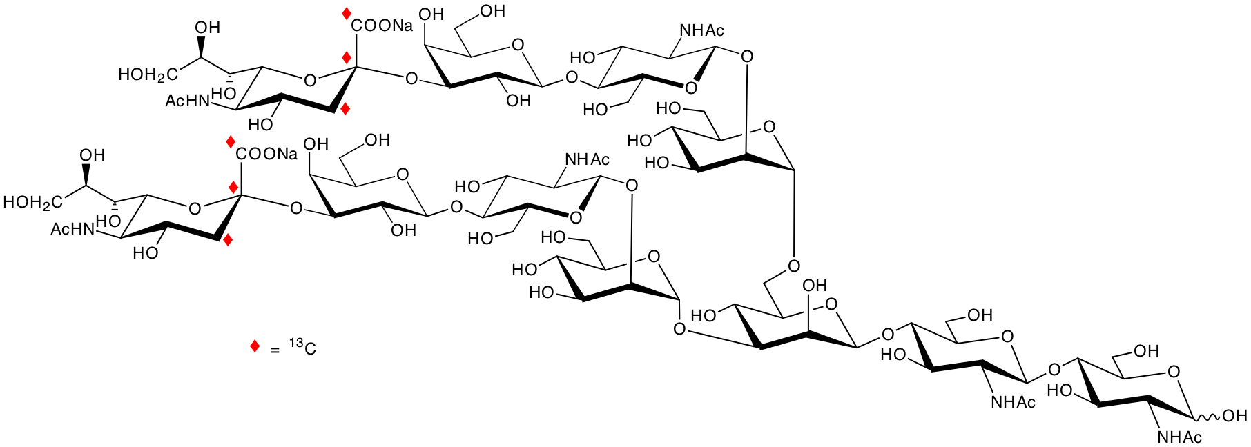 structure of [1,2,3-13C3]NeuNAcalpha2,3Galbeta1,4GlcNAcbeta1,2Manalpha1,3([1,2,3-13C3]NeuNAcalpha2,3Galbeta1,4GlcNAc6beta1,2Manalpha1,6)Manbeta1,4GlcNAcbeta1,4GlcNAc disodium salt